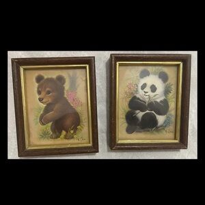 Set Of 2- VINTAGE K. Chin Prints -Panda & Brown Bear cub: 4”x6” SUPER